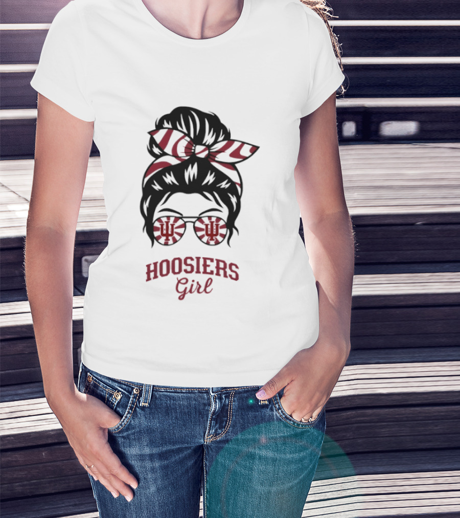 Indiana Hoosiers Girl Messy Bun Sunglasses T-Shirt