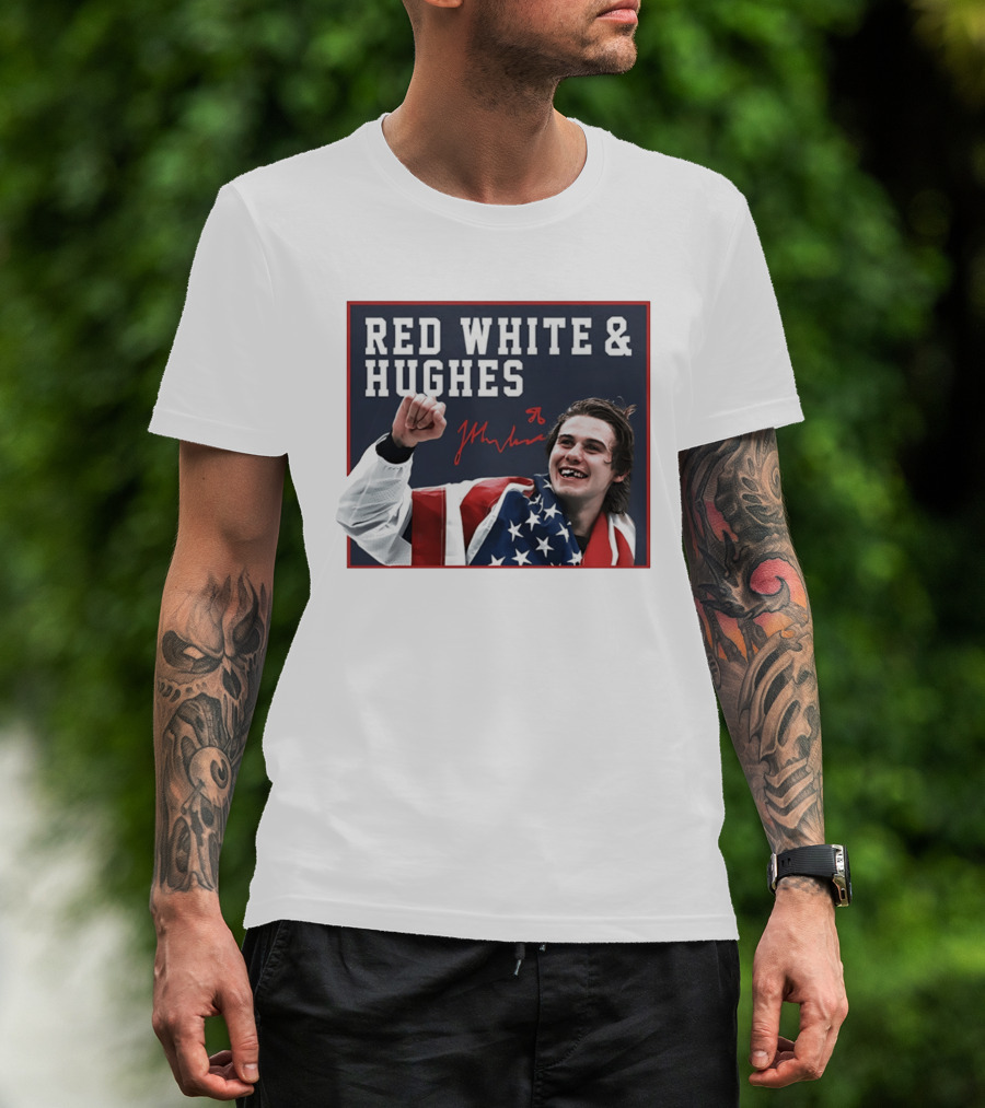 Red White & Hughes Jack Hughes USA Hockey 2026 Golden Goal T-Shirt