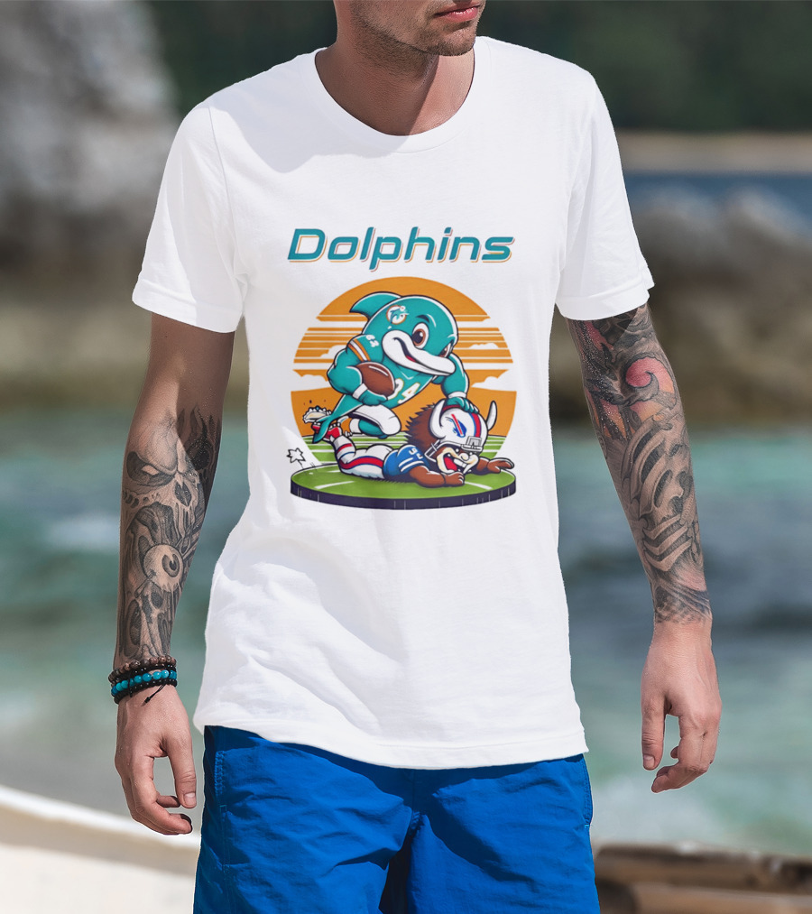 Miami Dolphins Vs Buffalo Bills Rivalry Cartoon Game Day Showdown T-Shirt