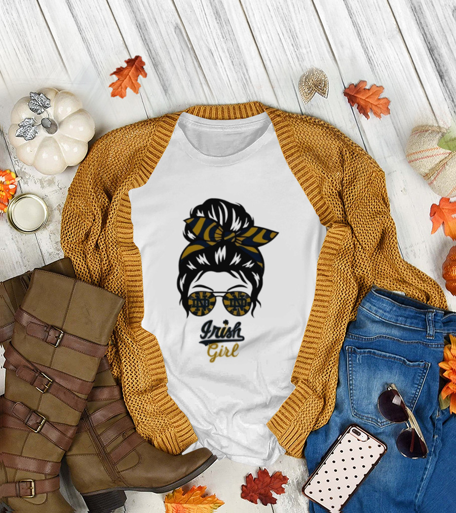 Notre Dame Irish Girl Messy Bun ND Glasses Bow T-Shirt