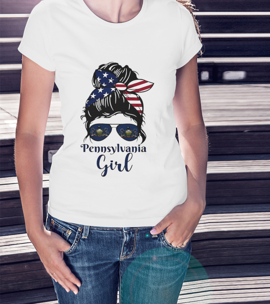 Pennsylvania Girl Messy Bun American Flag Bandana Sunglasses T-Shirt