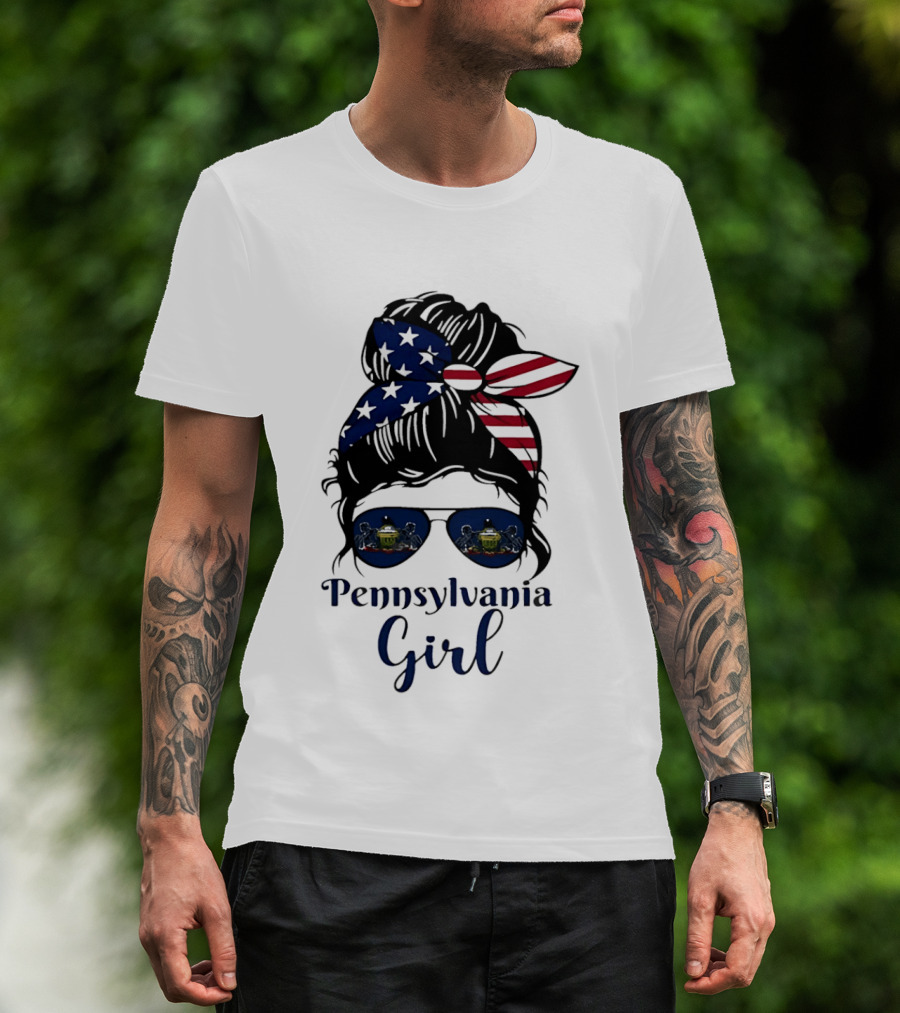 Pennsylvania Girl Messy Bun American Flag Bandana Sunglasses T-Shirt