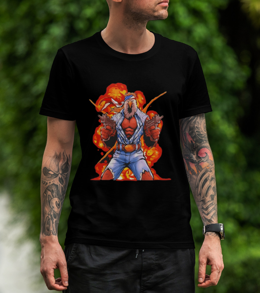 American Bald Eagle Fury Cartoon Bandana Dual Pistols Explosion T-Shirt