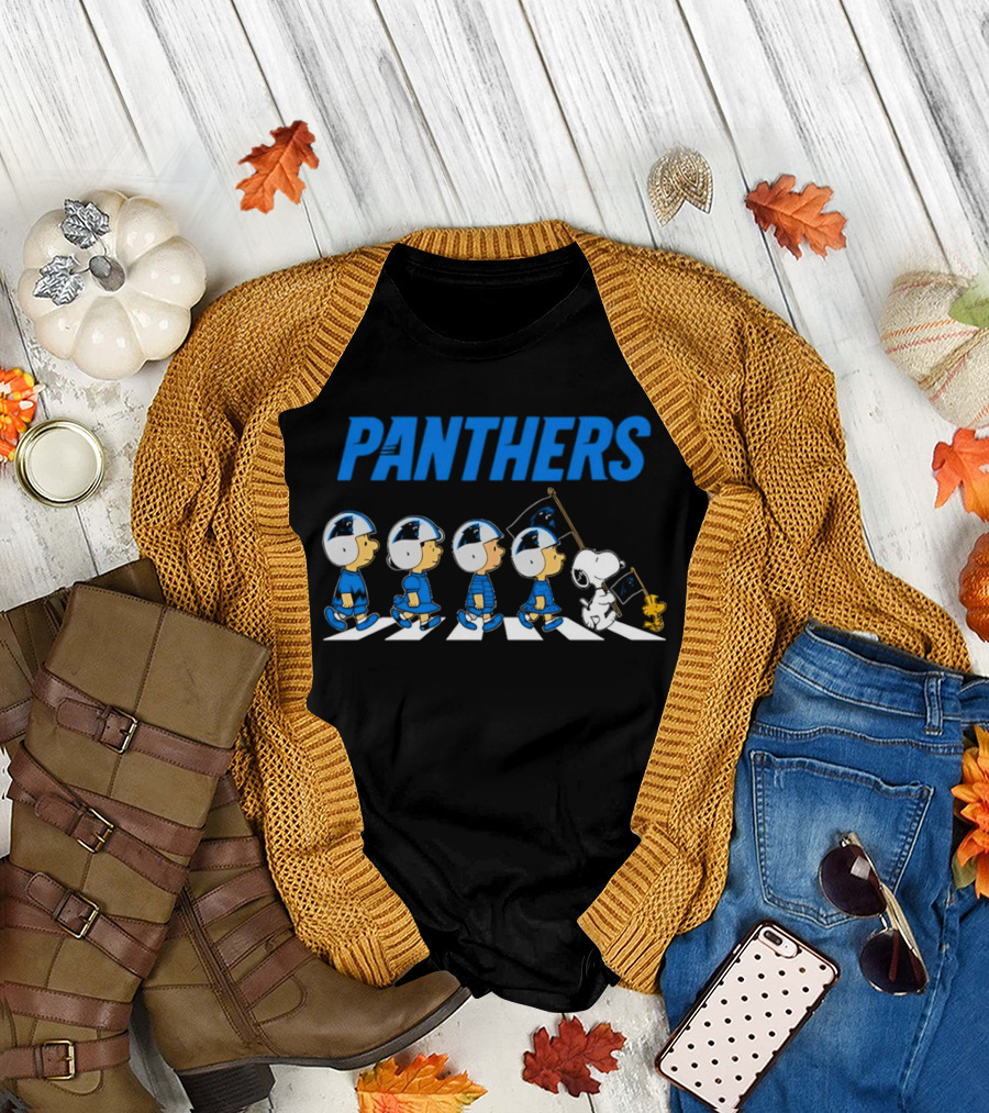 Peanuts Carolina Panthers Football Characters Walking with Flag T-Shirt