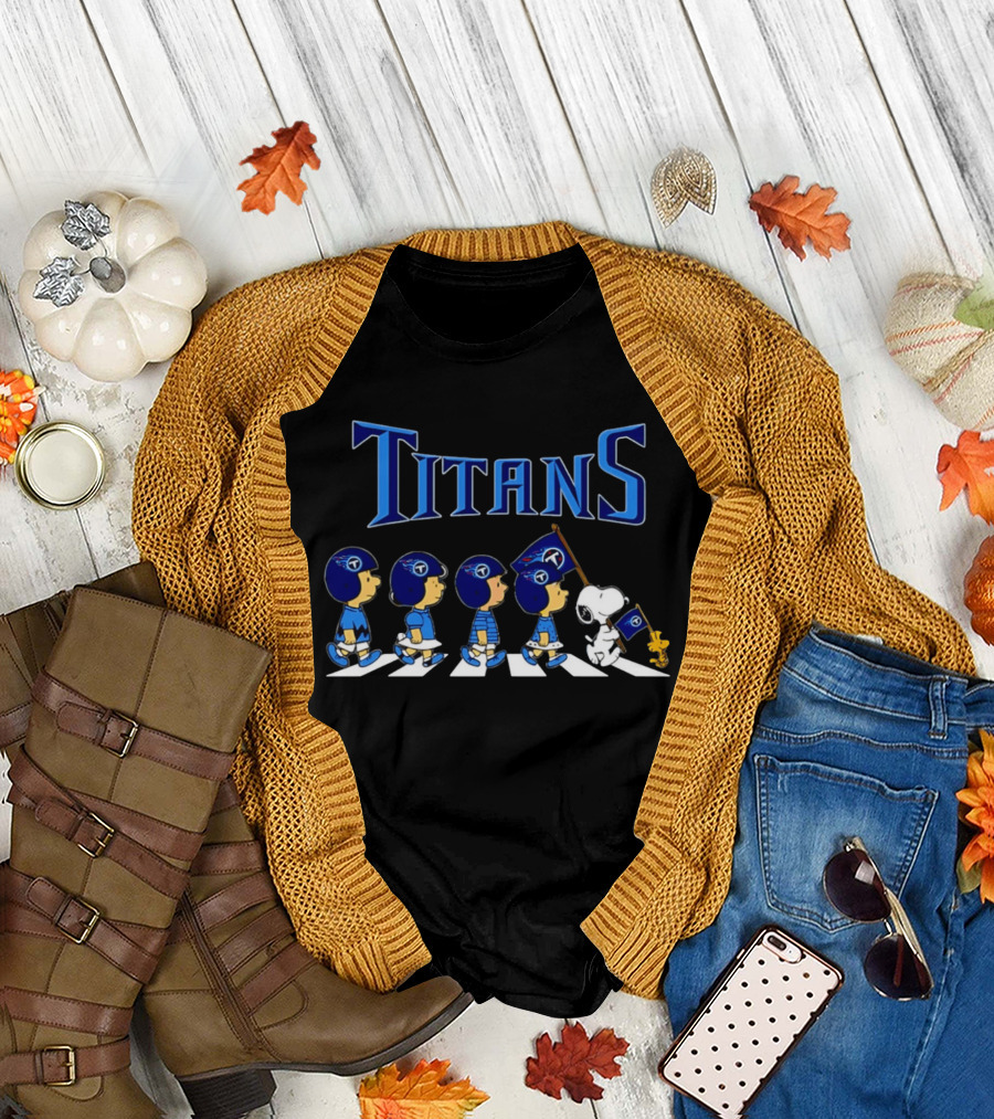 Peanuts Characters Marching with Tennessee Titans Flag T-Shirt