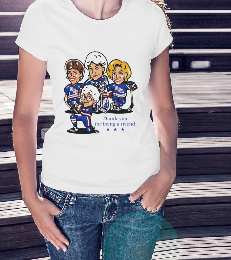 Golden USA Girls Hockey Thank You For Being A Friend Cartoon Characters T-Shirt