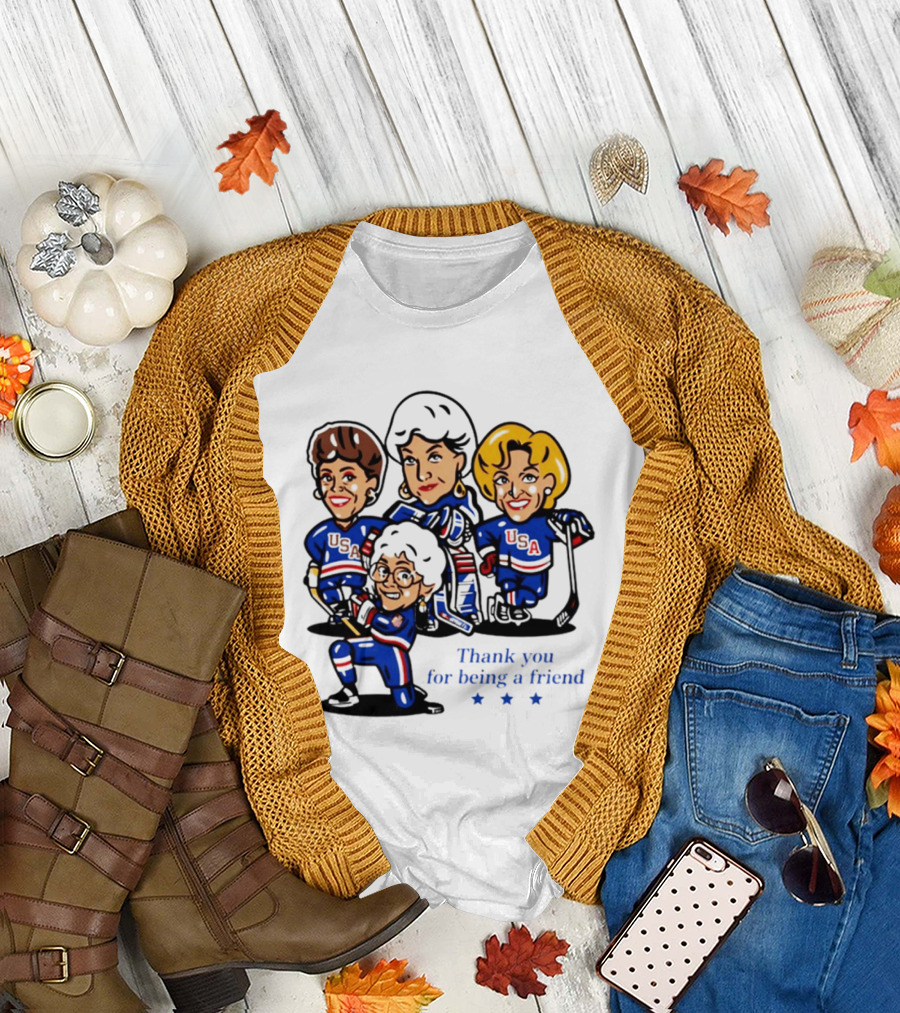 Golden USA Girls Hockey Thank You for Being a Friend Cartoon Characters T-Shirt