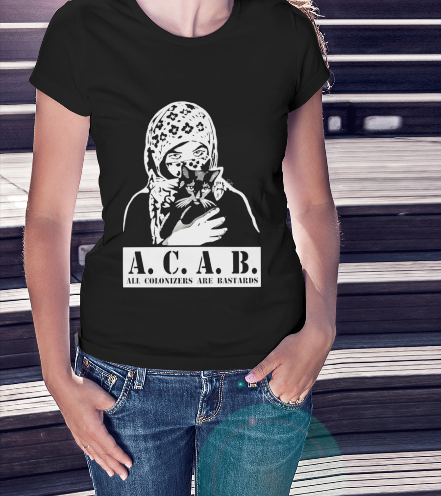 A.C.A.B. All Colonizers Are Bastards Protest Image With Floral Hijab Woman And Cat T-Shirt