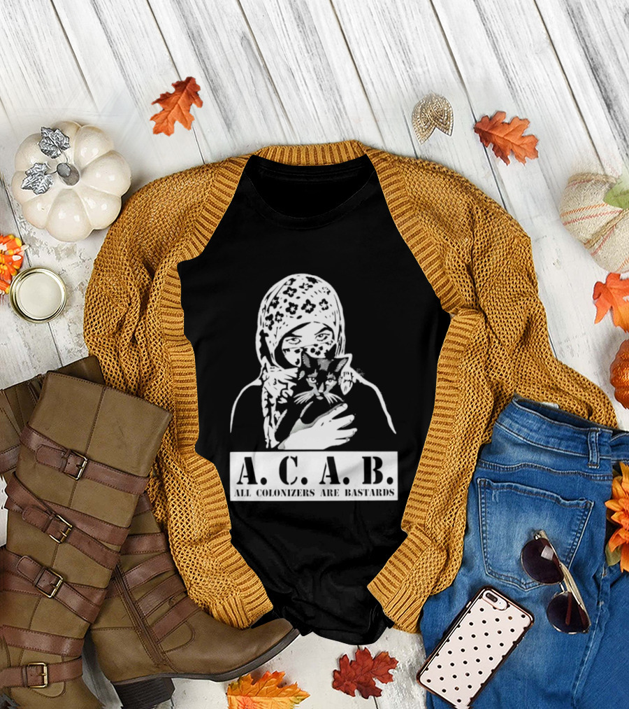 A.C.A.B. All Colonizers Are Bastards Protest Image with Floral Hijab Woman and Cat T-Shirt