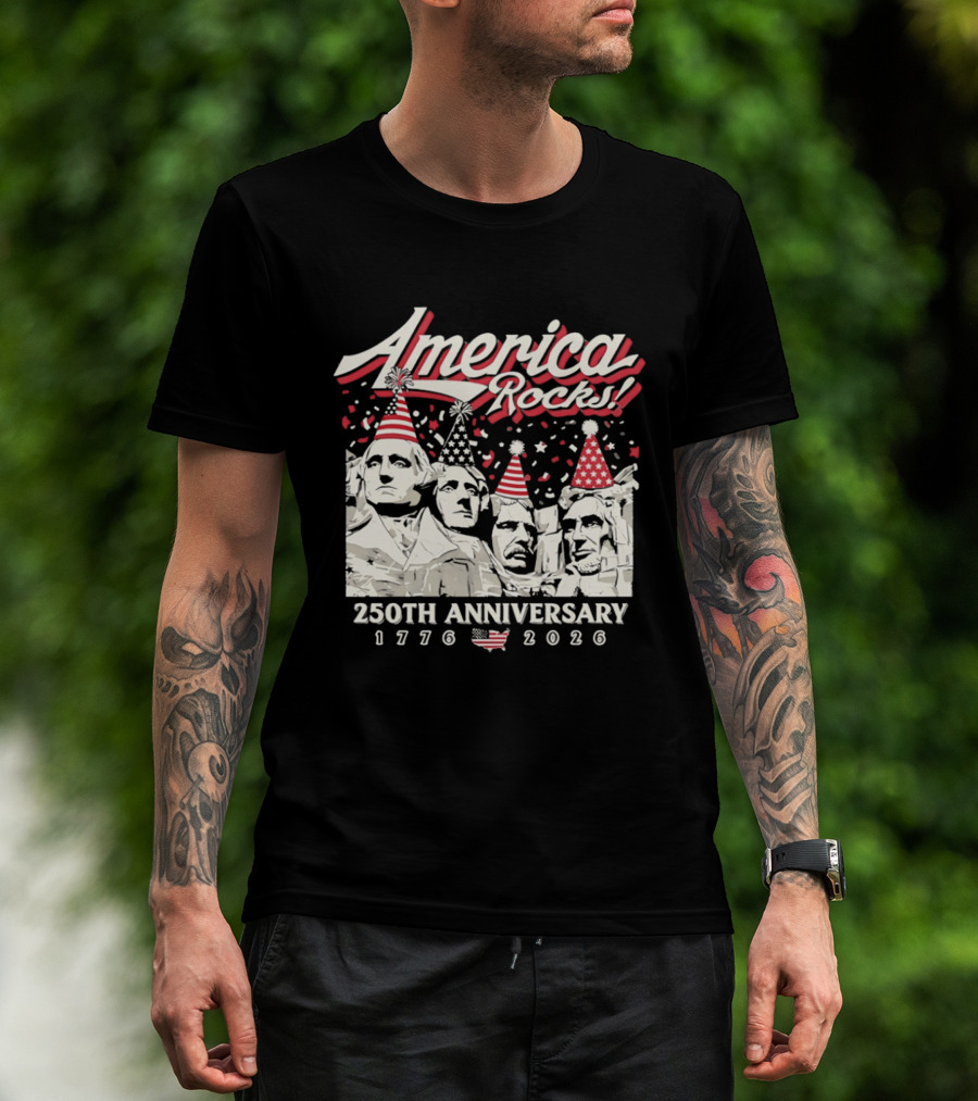 America Rocks 250th Anniversary 1776 2026 Mount Rushmore Party Hats T-Shirt