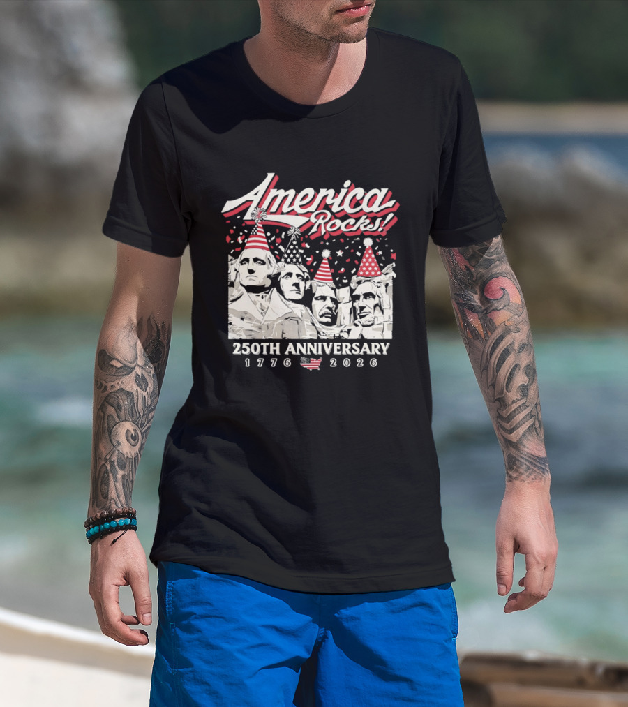 America Rocks 250th Anniversary 1776 2026 Mount Rushmore Party Hats T-Shirt