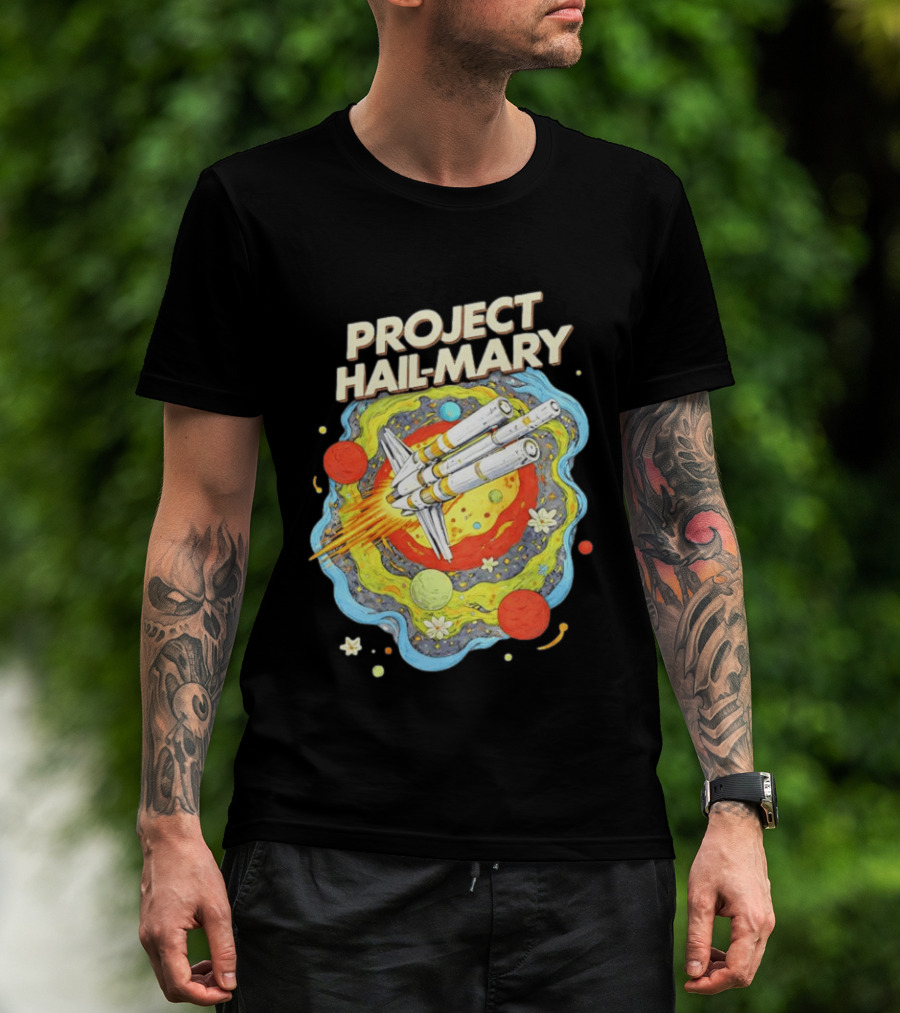 Project Hail Mary Rocket Launching Through Colorful Space Planets T-Shirt