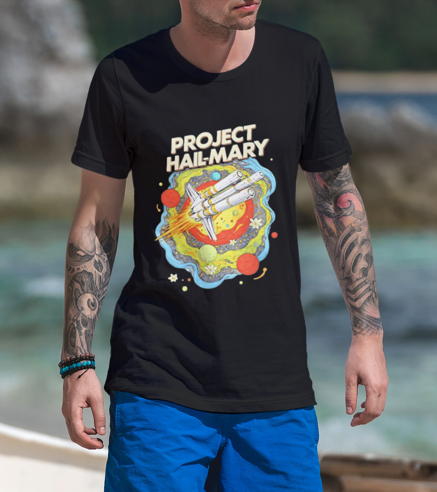 Project Hail Mary Rocket Launching Through Colorful Space Planets T-Shirt