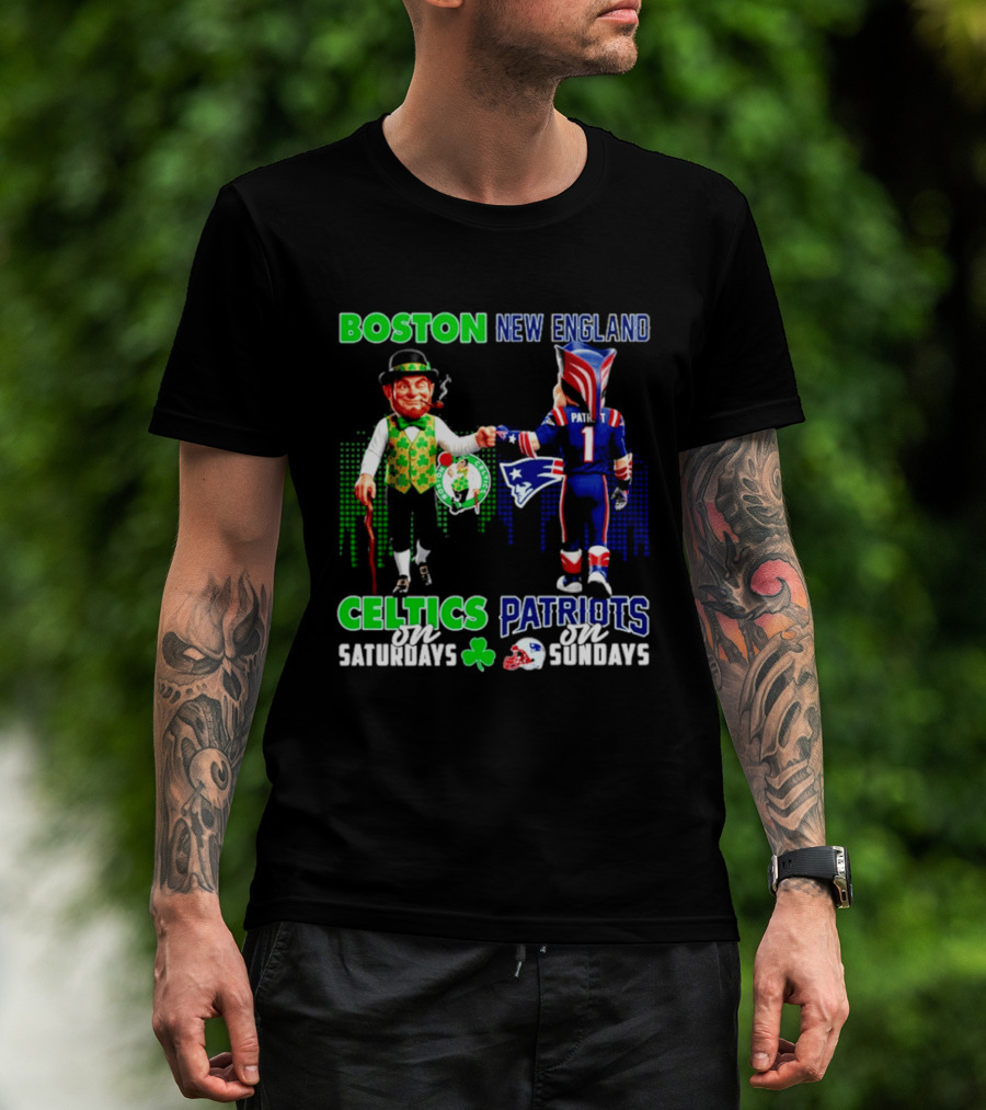 Boston Celtics Saturdays And New England Patriots Sundays Skyline T-Shirt