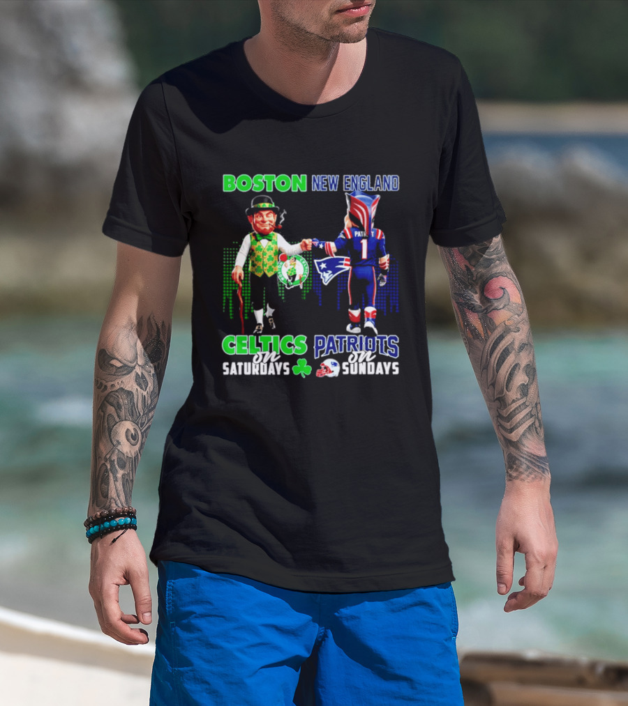 Boston Celtics Saturdays And New England Patriots Sundays Skyline T-Shirt