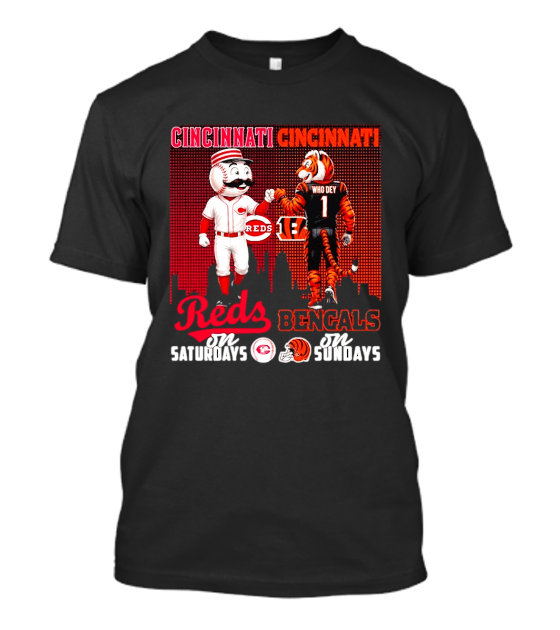Cincinnati Reds Saturdays Vs Bengals Sundays City Mascots Skyline T-Shirt