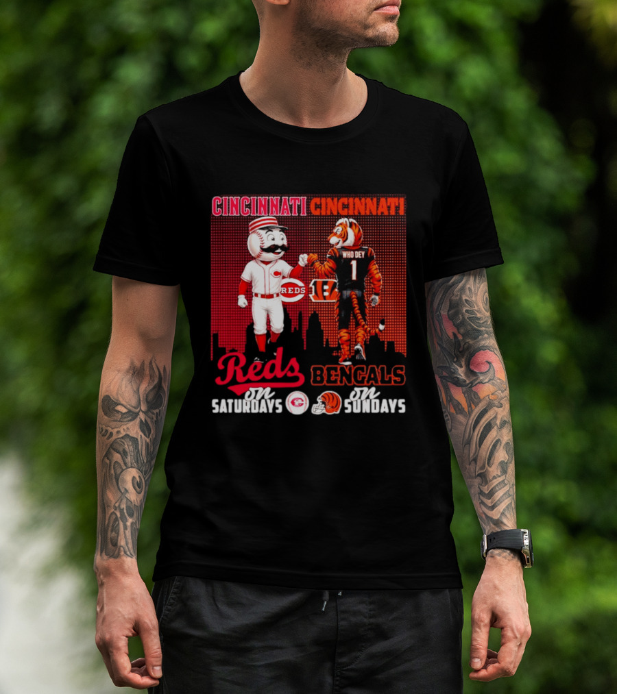 Cincinnati Reds Saturdays Vs Bengals Sundays City Mascots Skyline T-Shirt
