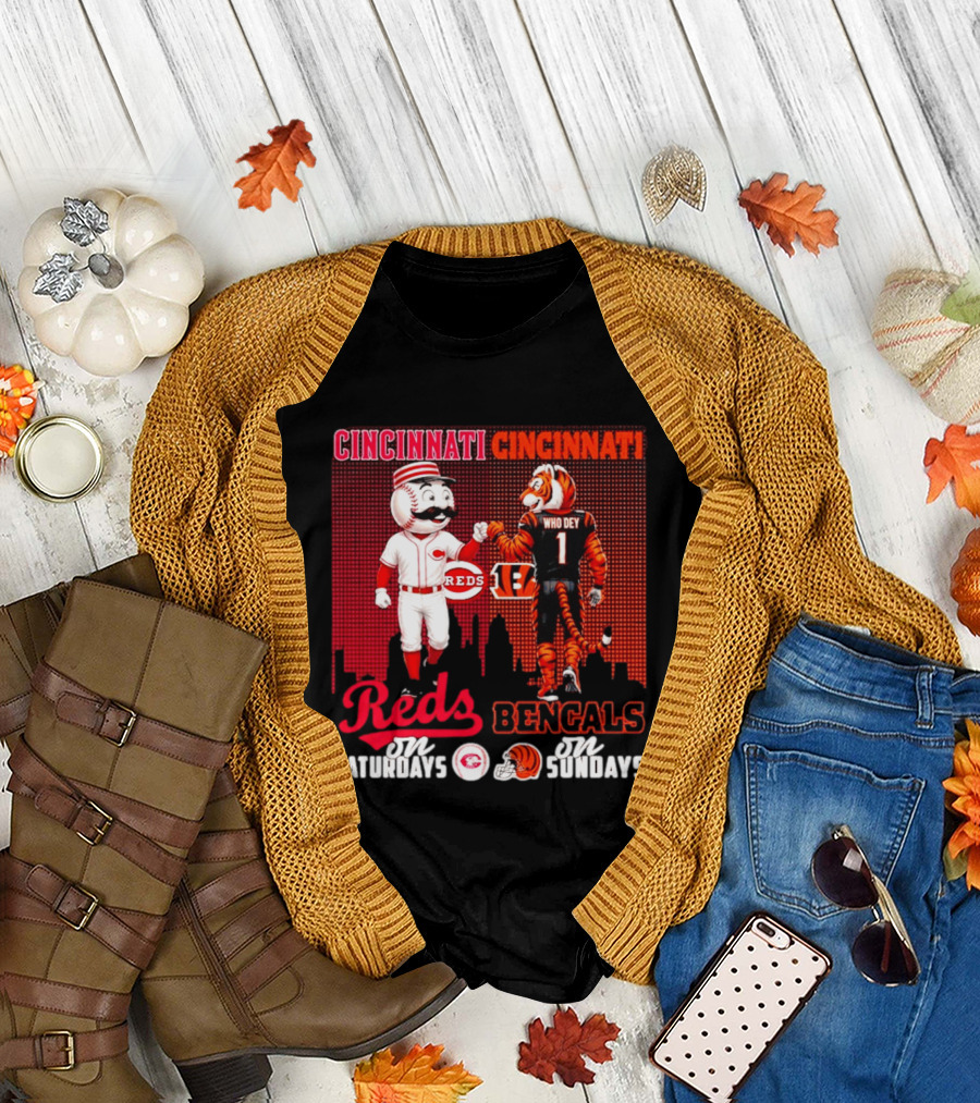 Cincinnati Reds Saturdays vs Bengals Sundays City Mascots Skyline T-Shirt