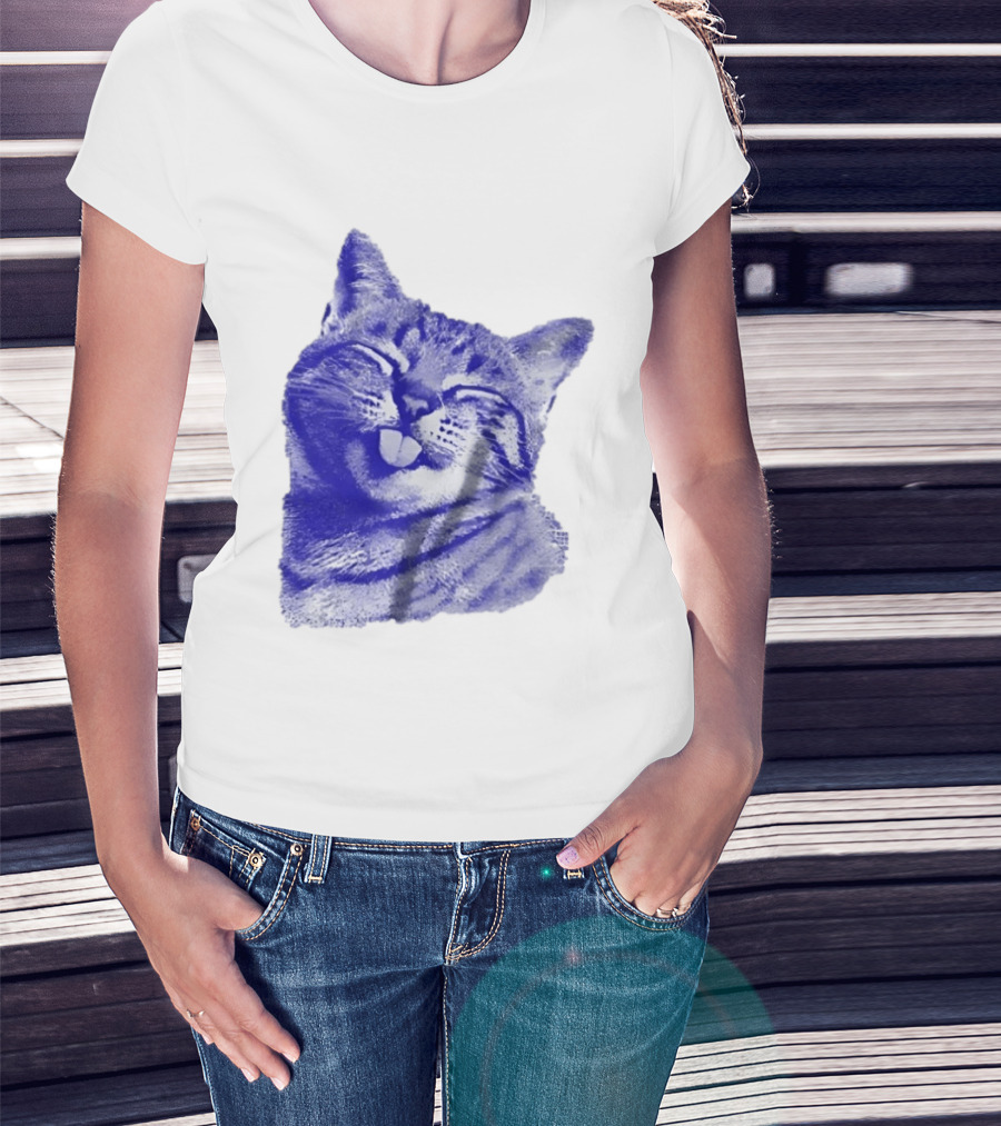 Playful Cat Sticking Out Tongue In Blue Tint T-Shirt