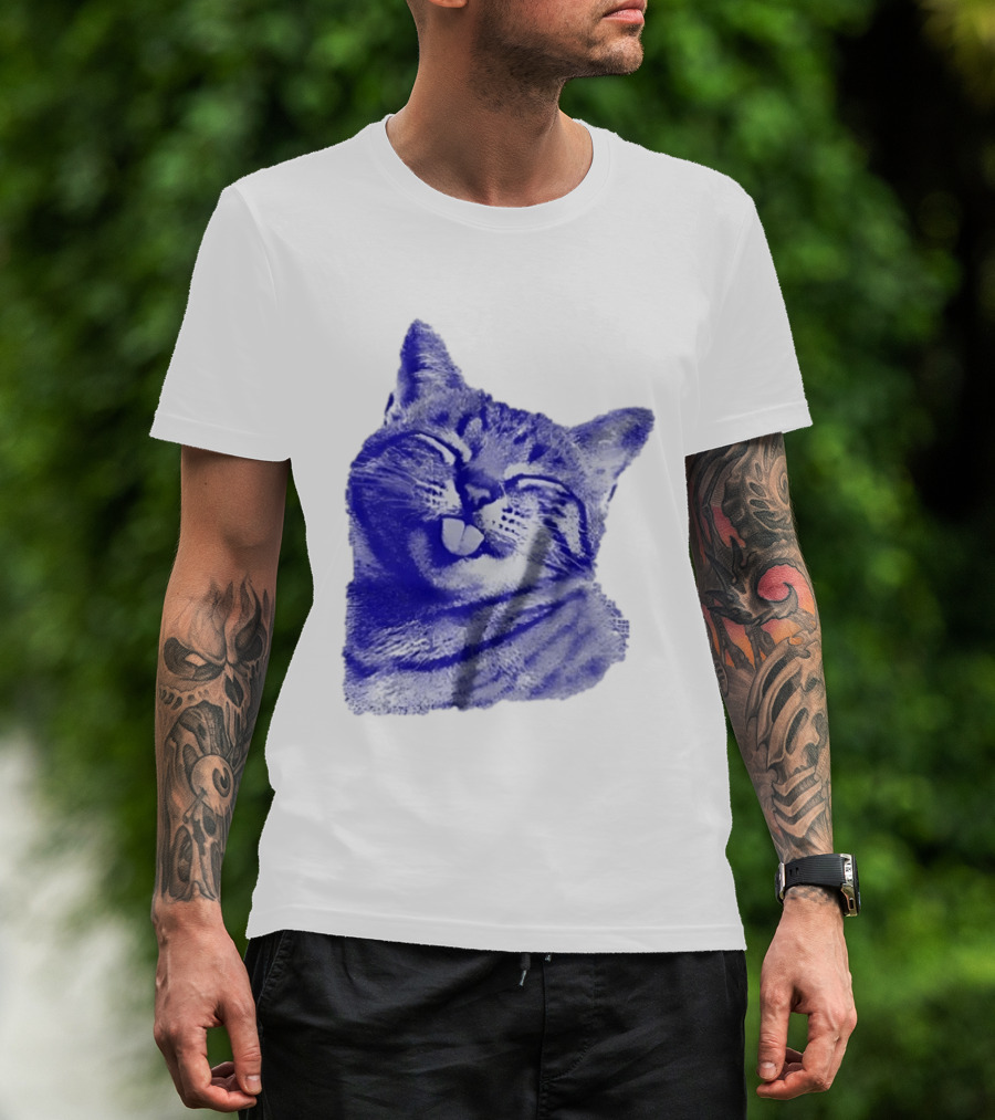 Playful Cat Sticking Out Tongue In Blue Tint T-Shirt