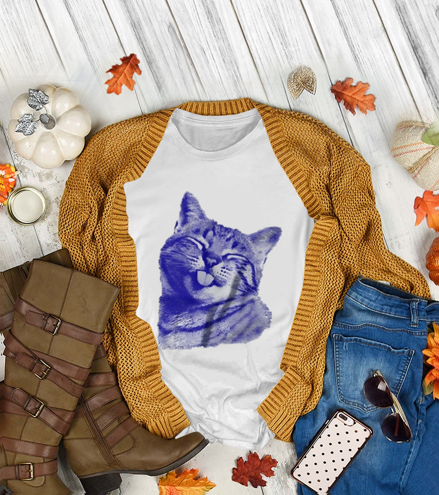 Playful Cat Sticking Out Tongue In Blue Tint T-Shirt