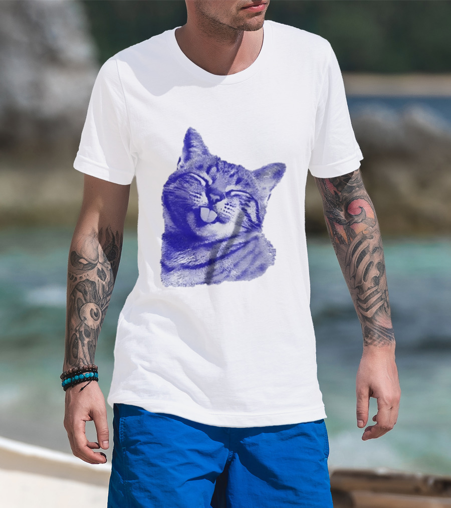 Playful Cat Sticking Out Tongue In Blue Tint T-Shirt