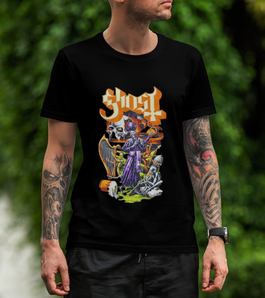 Ghost Band Gothic Horror Pope With Ghouls And Harp T-Shirt