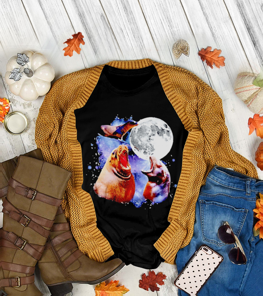 Sea Lion Trio Howling at the Moon in Outer Space Scene T-Shirt