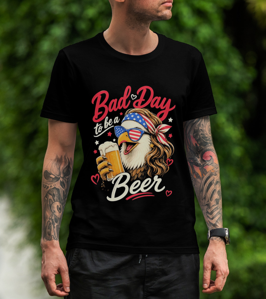 Bad Day To Be A Beer Patriotic Bald Eagle With American Flag Bandana And Heart Accents T-Shirt