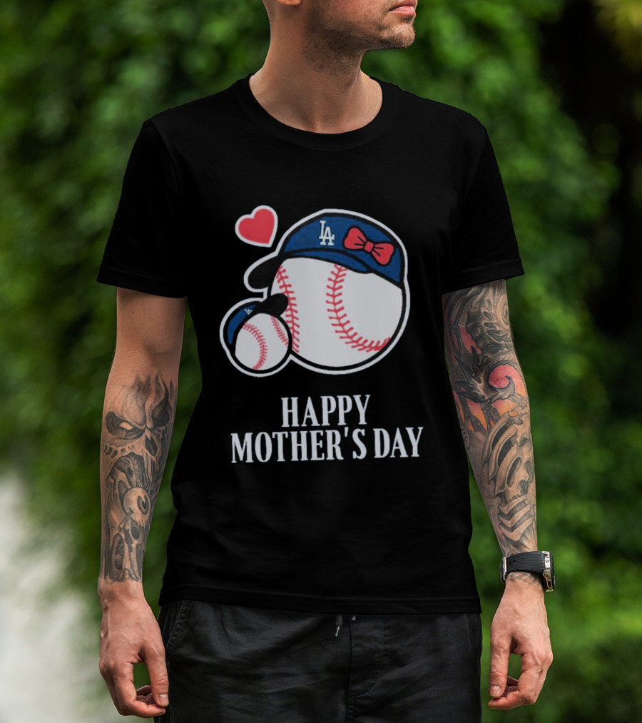 Happy Mother's Day 2026 LA Baseball Red Bow Heart T-Shirt