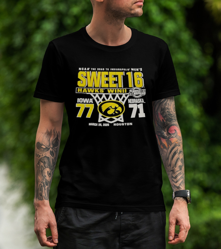 NCAA March Madness The Road To Indianapolis Men's Sweet 16 Hawks Win Iowa 77 Nebraska 71 March 25 1989 Houston T-Shirt