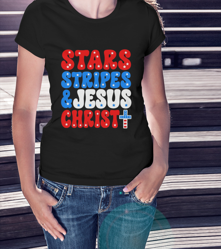 Patriotic Stars Stripes Jesus Christ Christian Faith Cross T-Shirt