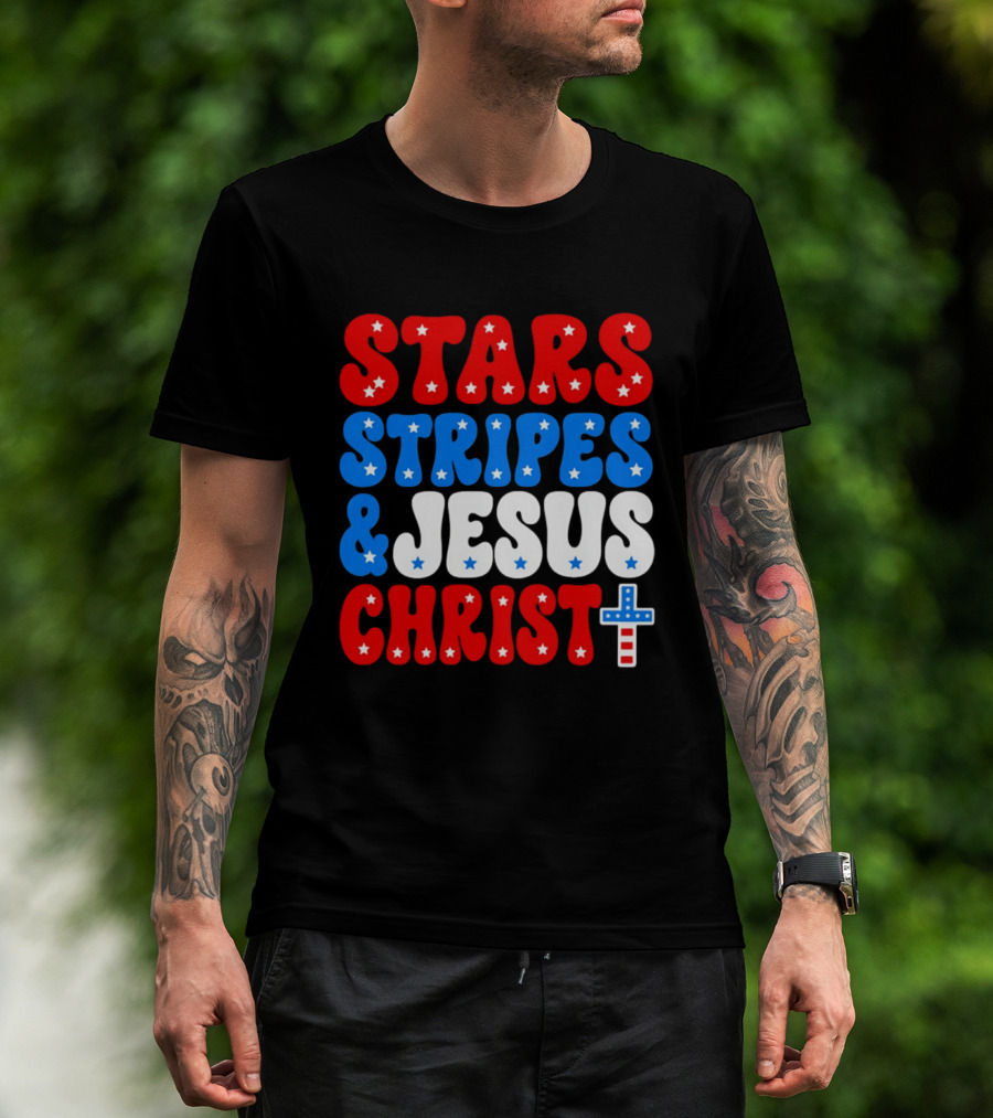 Patriotic Stars Stripes Jesus Christ Christian Faith Cross T-Shirt