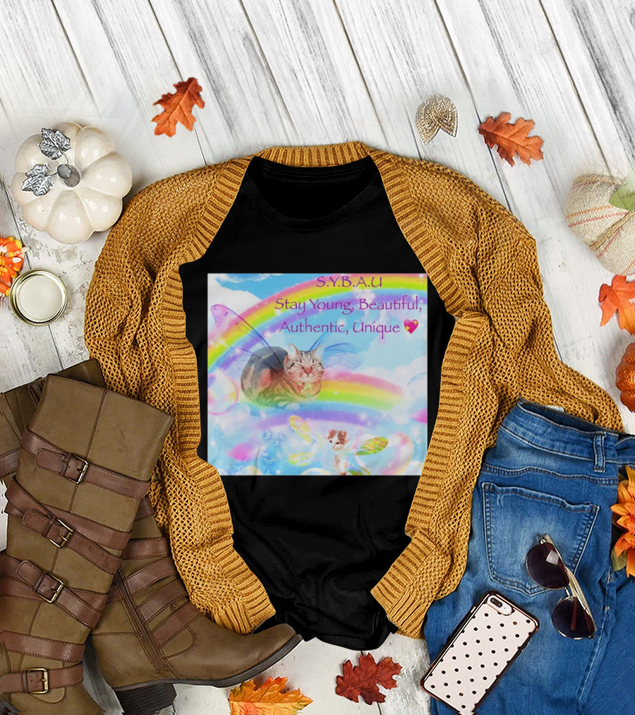S.Y.B.A.U Stay Young Beautiful Authentic Unique Cat Rainbow Wings T-Shirt