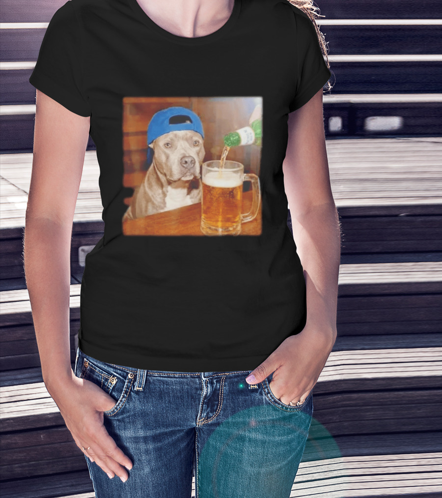 Pit Bull Drinking Beer Blue Cap Meme T-Shirt