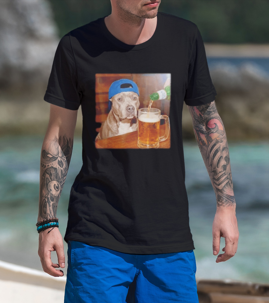 Pit Bull Drinking Beer Blue Cap Meme T-Shirt
