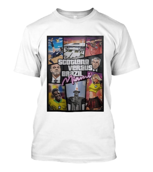 Scotland Versus Brazil Miami Comic Style Soccer Matchup T-Shirt