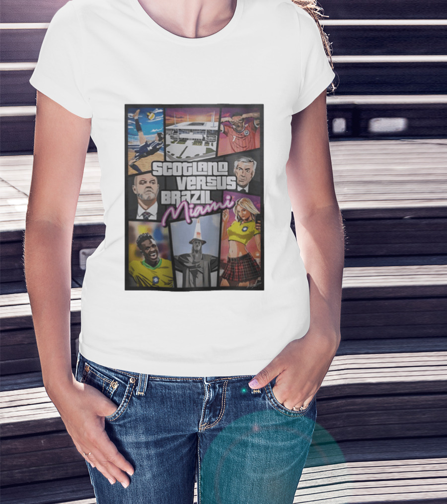 Scotland Versus Brazil Miami Comic Style Soccer Matchup T-Shirt
