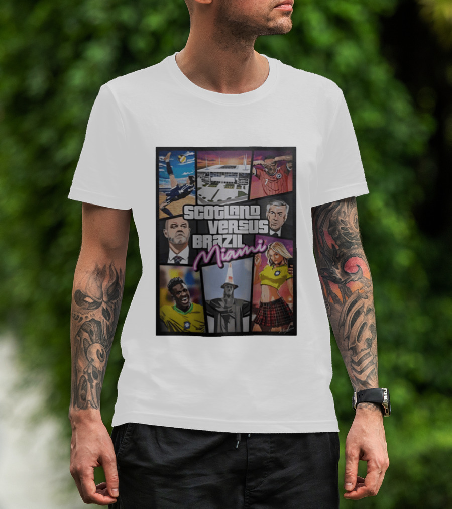 Scotland Versus Brazil Miami Comic Style Soccer Matchup T-Shirt