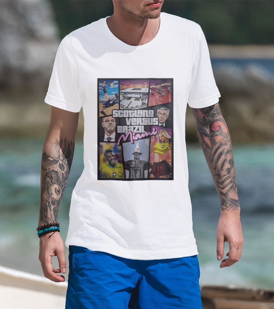 Scotland Versus Brazil Miami Comic Style Soccer Matchup T-Shirt