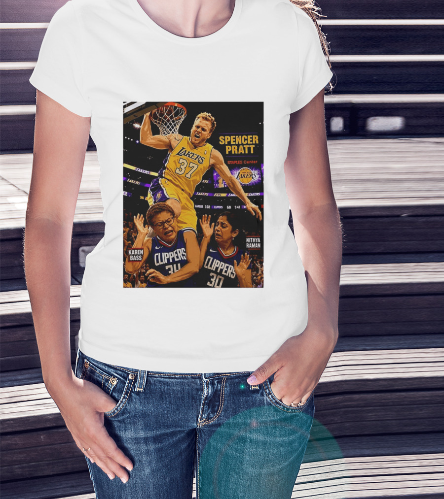 Los Angeles Lakers Spencer Pratt Dunks Staples Center Clippers Karen Bass Nithya Raman T-Shirt