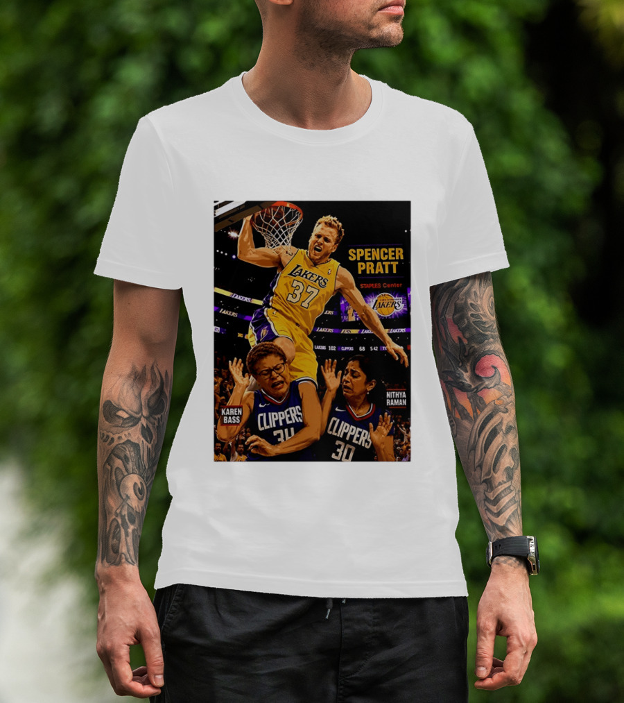 Los Angeles Lakers Spencer Pratt Dunks Staples Center Clippers Karen Bass Nithya Raman T-Shirt