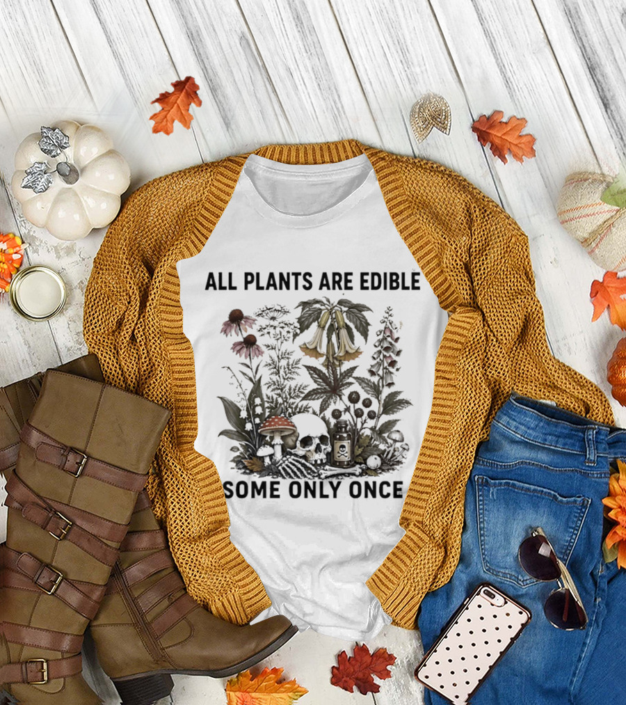 All Plants Are Edible Botanical Humor Mushroom and Bellflower Dark T-Shirt