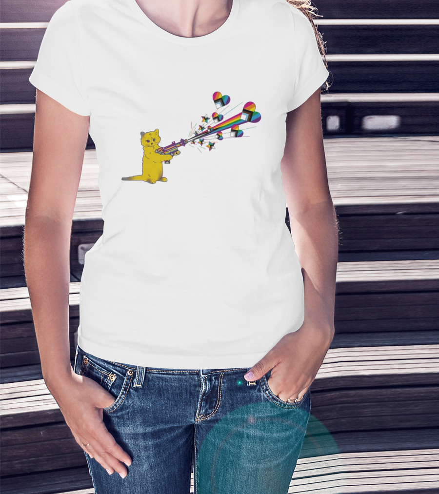 Gary The Cat Pew Pew Rainbow Laser Guns Pride T-Shirt