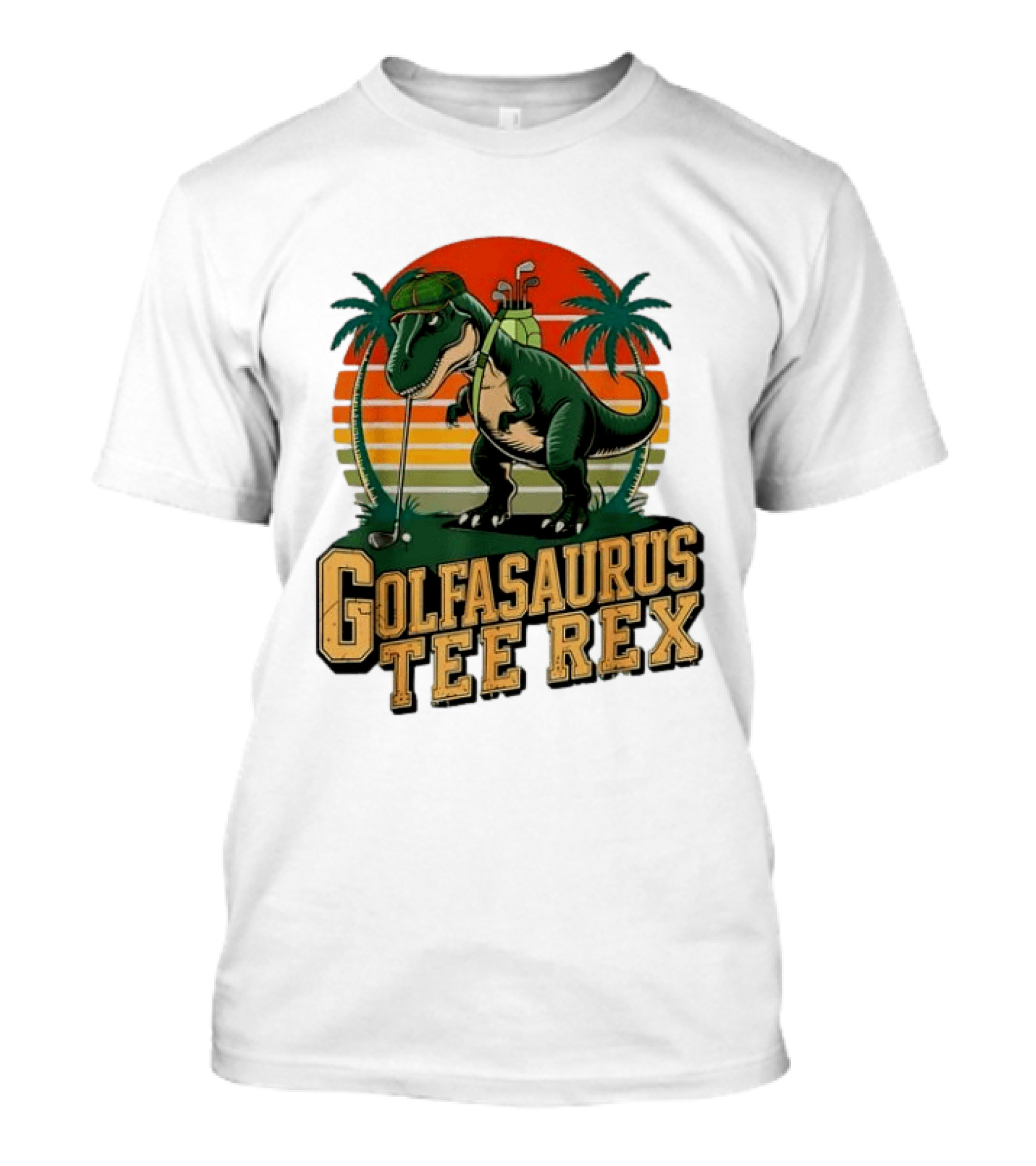Golfasaurus Rex Rex Dinosaur Playing Golf Sunset Palm Trees T-Shirt