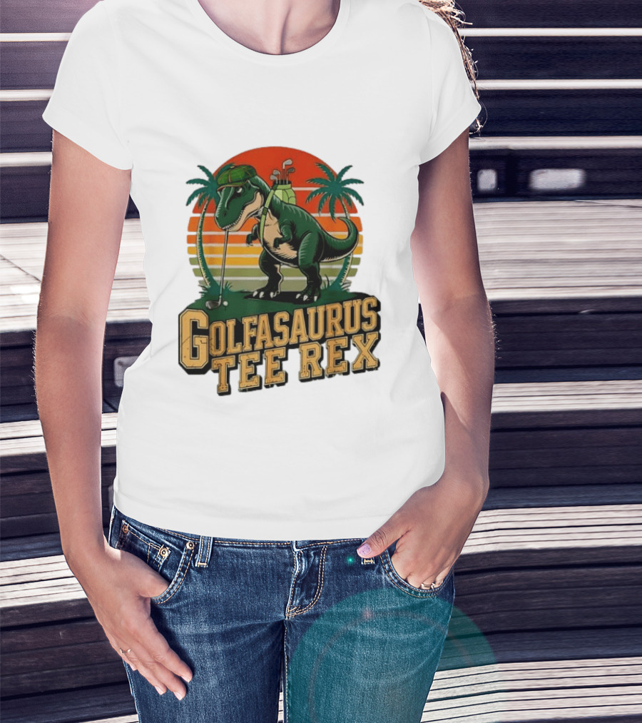Golfasaurus Rex Rex Dinosaur Playing Golf Sunset Palm Trees T-Shirt
