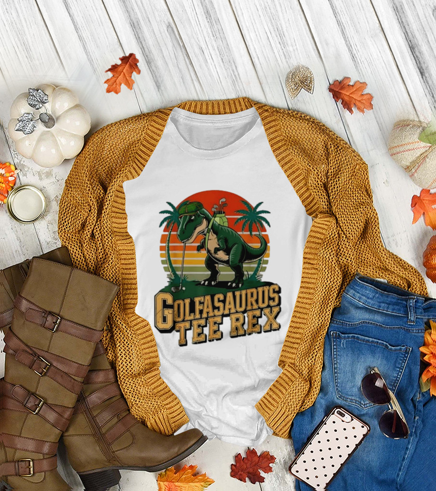 Golfasaurus Rex Rex Dinosaur Playing Golf Sunset Palm Trees T-Shirt