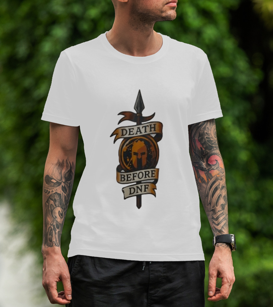 Death Before DNF Spartan Helmet Spear Banner T-Shirt