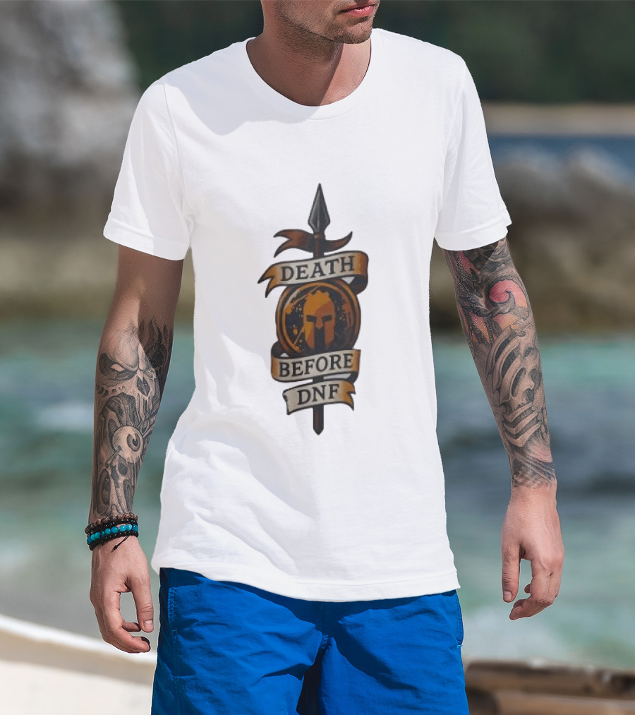 Death Before DNF Spartan Helmet Spear Banner T-Shirt