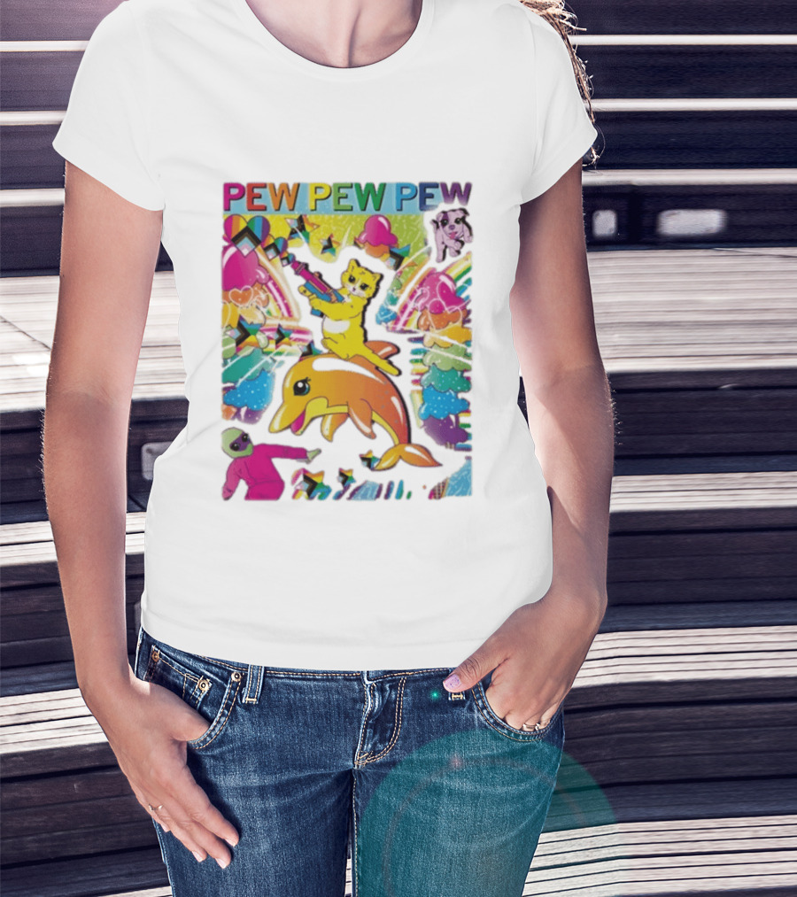Pew Pew Pew Colorful Cat Dolphin Alien Rainbow T-Shirt